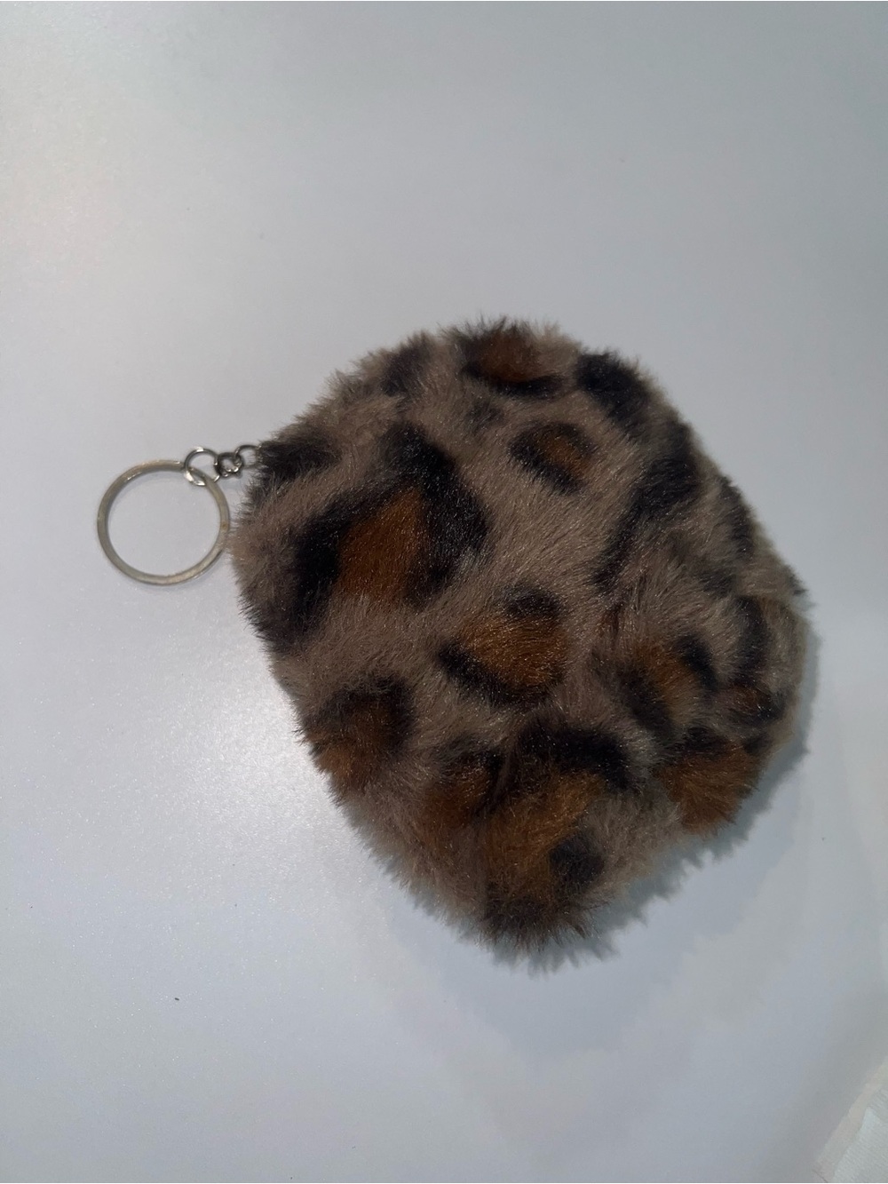 Leopard Print Faux Fur Pom Keychain Coin Pouch - Brown
